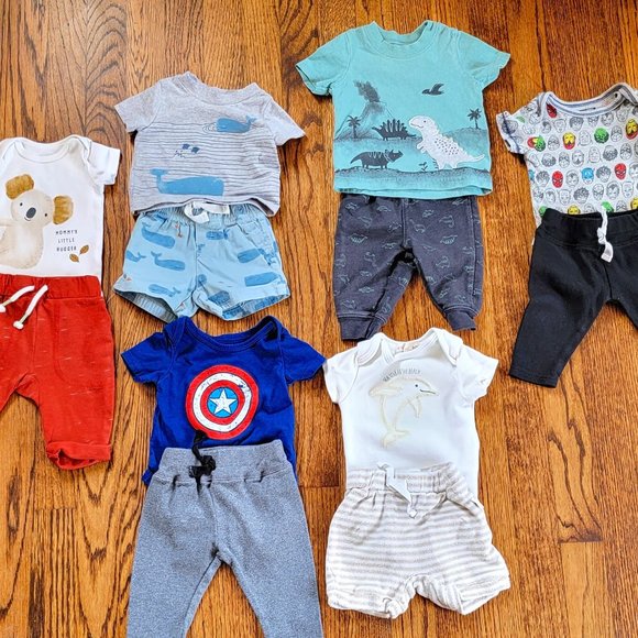BOY NEWBORN & 0-3 TOPS & PANTS/SHORTS SETS OR SEPARATES 12pc LOT GREAT CONDITION - Picture 1 of 13
